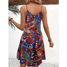 Alyn Wear Kadın Ip Askılı V Yakalı Desenli Kısa Süprem Elbise