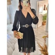 Alyn Wear Kadın Şifon Kumaş Astalı Kloş Kesim Kruvaze Yaka Midi Boy Elbise
