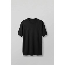 Abluka Online Erkek Regular Fit Fitilli Triko Bisiklet Yaka T-Shirt Siyah
