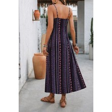 Alyn Wear Kadın Ip Askılı Geniş V Yakalı Desenli Yırtmaçlı Süprem Midi Elbise