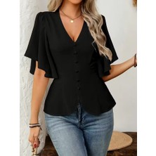 Alyn Wear Kadın Kısa Kollu Önden Düğmeli Ithal Krep Bluz