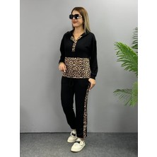 Alyn Wear Kadın Uzun Kollu Leopar Detay Sweat ve Yanı Leopar Şerit Detay Pantolon Ikili Takım