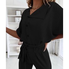 Alyn Wear Kadın Kısa Kollu Yakalı Önden Düğmeli Bürümcük Bluz ve Pantolon Ikili Takım