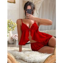 Amora Secret  Kırmızı Dantel Işlemeli Ince Askılı Saten Şortlu Takım