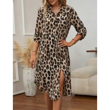 Alyn Wear Kadın Uzun Kollu Yakalı Önden Düğmeli Leopar Desenli Modal Midi Elbise