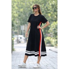 Alyn Wear Kadın Kısa Kollu Bisiklet Yaka Yan Şerit Detaylı Midi Viskon Elbise