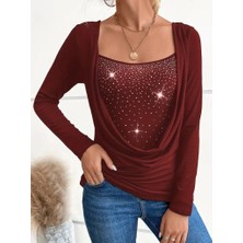 Alyn Wear Kadın Uzun Kollu Derin Degaje Yakalı Taşlı Sandy Bluz