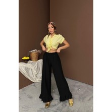 Alyn Wear Siyah Paçası Fırfırlı Keten Pantolon