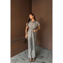 Alyn Wear Çizgili Polyviskon Bluz - Pantolon Takım - Gri