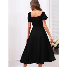 Alyn Wear Kadın Kısa Kollu Kare Yakalı Yırtmaçlı Midi Janjan Krep Elbise