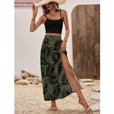 Alyn Wear Kadın Ip Askılı Yuvarlak Yaka Kısa Viskon Bluz ve Desenli Yırtmaçlı Süprem Etek Ikili Takım