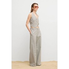 Love My Body Moda Tutkusu Çizgili Keten Bol Paça Pantolon Gri 153M2288000