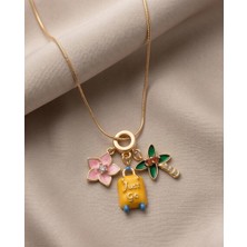 Mervan Takı Çiçek ve Palmiye Figürlü Gold Çelik Charm Kolye