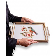 Airobazar Kuş ve Çiçek Temalı Gümüş Çerçeveli Servis Tepsisi, Dikdörtgen Kulplu Dekoratif Çay Kahve Sunum Tepsisi 50X31CM