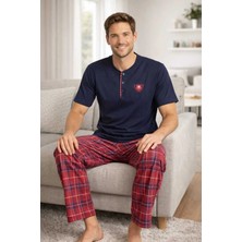 Tenra Erkek %100 Pamuk Pijama Takımı Lacivert Üst Kırmızı Ekose Alt Kısa Kol Regular Kesim