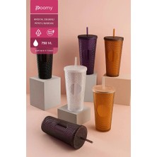 Poomy 750 ml Kapaklı Pipetli Şeffaf Renkli Kristal Desenli Bardak - Su Bitki Çayı Içecek Bardağı