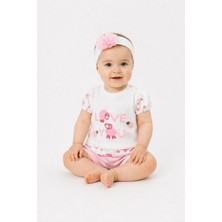 Dinamik çocuk Kız Bebek 3lü Yazlık Takım %100PAMUK Love You Kuzu Nakışlı Tişört+Şort+Bandana Set 0-3-6-9AYLIK