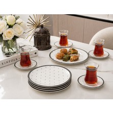 Herencia Siyah Nokta Desenli 18 Parça Çay Seti | 6 Kişilik Cam Çay Bardağı & Porselen Tabaklı Modern Sunum Seti