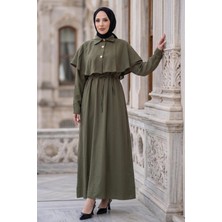Hafsa Mina Pelerinli Modal Elbise Haki HM2910