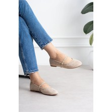 Shoetek Hawsa Kadın Babet Pimli Önden Bantlı Tokalı Bej Süet