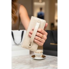 Vanilla Collection Telefon Bölmeli Timsah Desenli Fermuarlı Kadın Cüzdanı Bej Vegan Deri