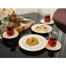 Herencia Gold Detaylı 18 Parça Çay Seti | 6 Kişilik Cam Çay Bardağı & Porselen Tabaklı Şık Sunum Seti