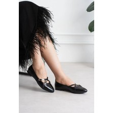 Shoetek Hwen Kadın Babet Çapraz Bantlı Tokalı Siyah Deri
