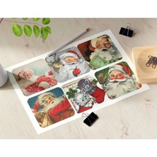 12 Adet 9 cm Oval Köşeli Vintage Şirin Noel Baba Retro Ren Geyiği Kedileri Christmas Sticker