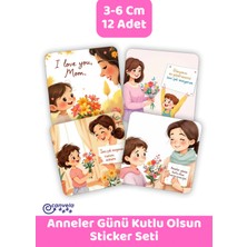 Canvela Anneler Günün Kutlu Olsun Mother's Day Yapışkanlı Paketleme Etiketi 12 Adet Kare Sticker 3-6 cm