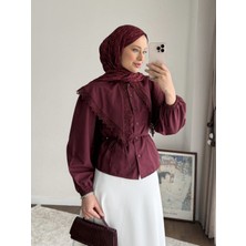 RFK Butik Kadın Etek Üstü Dantel Yakalı Poplin Gömlek - Bordo