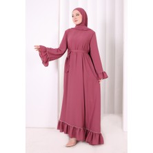 Bym Fashion Şallı Fırfırlı Elbise 6085 Gül Kurusu