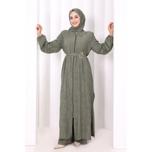 Bym Fashion 8031 Çiçek Desenli Keten Üçlü Takım Haki