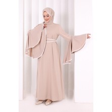 Bym Fashion Kol Fırfır Şerit Detaylı Şallı Elbise 6084 Vizon