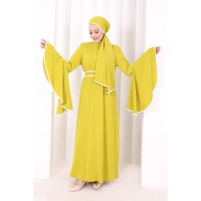 Bym Fashion Kol Fırfır Şerit Detaylı Şallı Elbise 6084 Yağ Yeşili