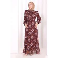 Bym Fashion Belden Bağlamalı Desenli Elbise 6075 Mürdüm