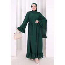 Bym Fashion Şallı Fırfırlı Elbise 6085 Zümrüt