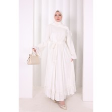 Bym Fashion Şallı Fırfırlı Elbise 6086 Ekru