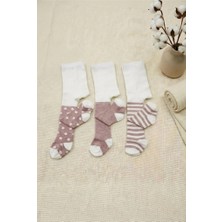 Cocole Socks Kız Bebek Külotlu Çorabı 3'lü Set Pamuklu Gül Kurusu Karışık Desenli 0-24 Ay