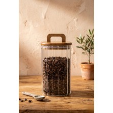 Poomy 700 ml Ahşap Kapaklı ve Saplı Kare Oluklu Cam Kahve Saklama Kavanozu ve Erzak Kabı