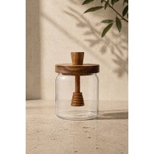 Poomy 550 ml Akasya Ahşap Kapaklı Cam Saklama Kabı Bal ve Reçel Kavanozu