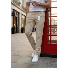 Modamesto Erkek Bej Slim Fit Dar Kesim Likralı Yan Cep Bilek Boy Düz Kumaş Pantolon