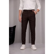 Modamesto Erkek Kahverengi Slim Fit Dar Kesim Likralı Yan Cep Bilek Boy Düz Kumaş Pantolon