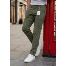 Modamesto Erkek Haki Slim Fit Dar Kesim Likralı Yan Cep Bilek Boy Düz Kumaş Pantolon