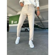 Modamesto Erkek Bej Slim Fit Dar Kesim Likralı Yan Cep Bilek Boy Düz Kumaş Pantolon