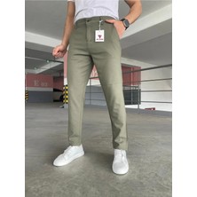 Modamesto Erkek Haki Slim Fit Dar Kesim Likralı Yan Cep Bilek Boy Düz Kumaş Pantolon