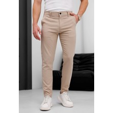Ser Joven Erkek Bej Slim Fit Dar Kesim Likralı Yan Cep Bilek Boy Düz Kumaş Pantolon