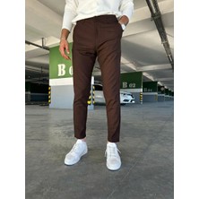 Ser Joven Erkek Kahverengi Slim Fit Dar Kesim Likralı Yan Cep Bilek Boy Düz Kumaş Pantolon