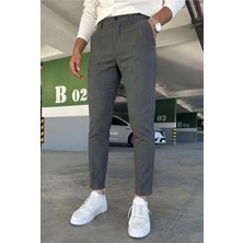 Ser Joven Erkek Antrasit Slim Fit Dar Kesim Likralı Yan Cep Bilek Boy Düz Kumaş Pantolon