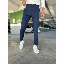Ser Joven Erkek Lacivert Slim Fit Dar Kesim Likralı Yan Cep Bilek Boy Düz Kumaş Pantolon