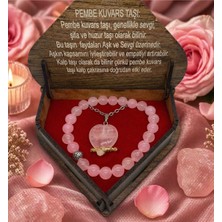 Morlisse Doğal Taş Pembe Kuvars 3’lü Takı Seti, Kolye, Bileklik, Yüzük ( Ahşap Kutu Hediyeli)